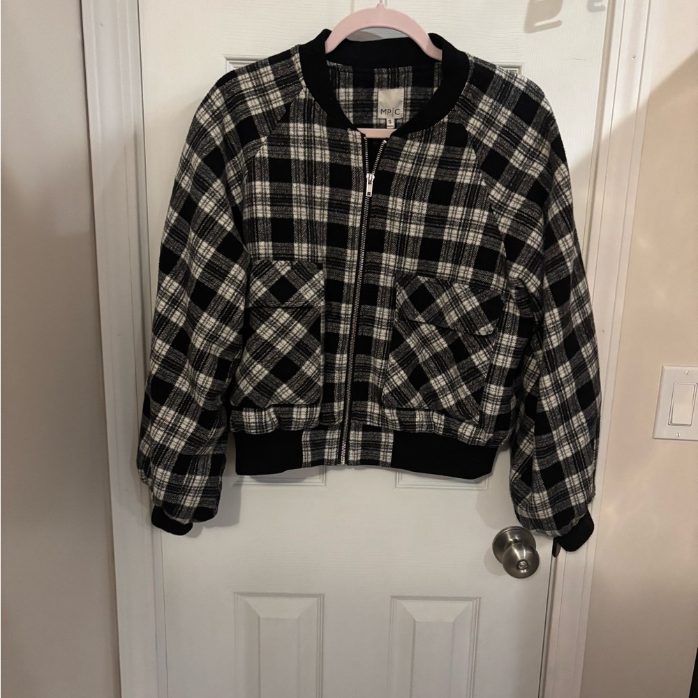 Women's Black and White Plaid Bomber Jacket - Size Small